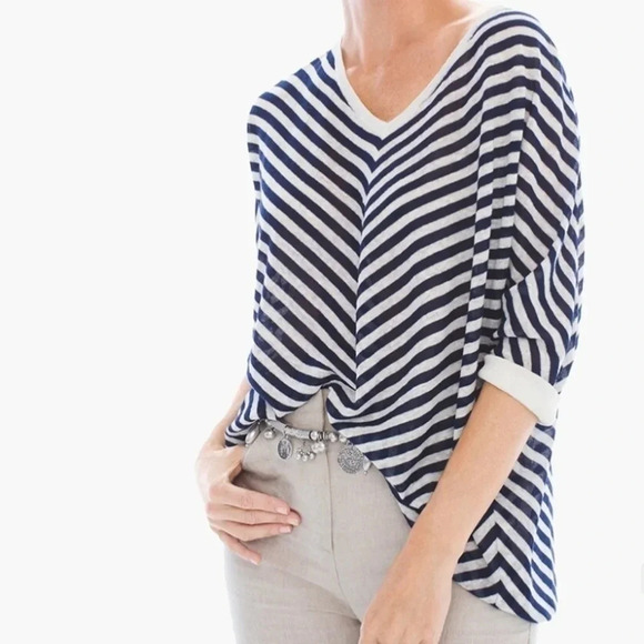 Chico's linen blend drop shoulder semi sheer striped pullover minimalist 8 - Picture 3 of 9